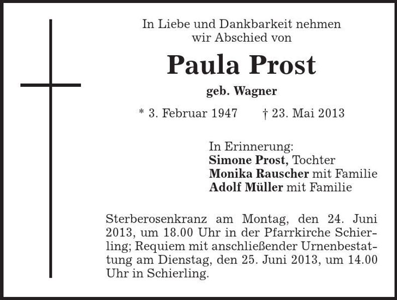Traueranzeige Paula Prost