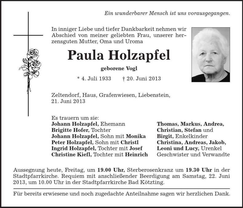 Traueranzeige Paula Holzapfel