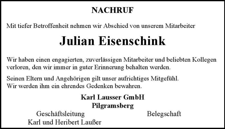 Traueranzeige Julian Eisenschink