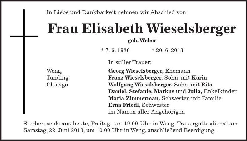 Traueranzeige Elisabeth Wieselsberger