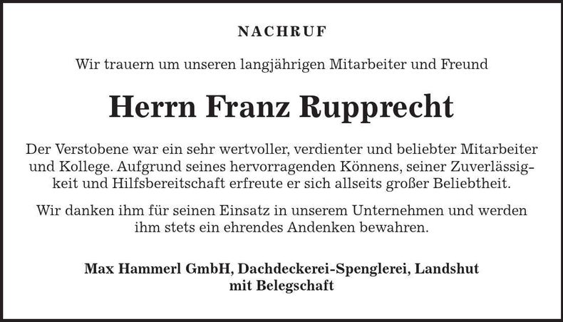 Traueranzeige Franz Rupprecht