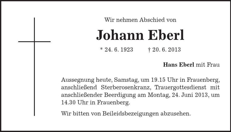 Traueranzeige Johann Eberl