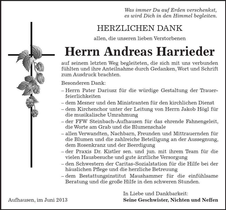 Traueranzeige Andreas Harrieder