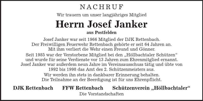 Traueranzeige Josef Janker