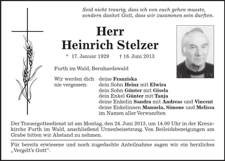 Traueranzeige Heinrich Stelzer