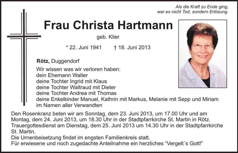 Traueranzeige Christa Hartmann