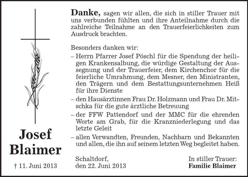 Traueranzeige Josef Blaimer
