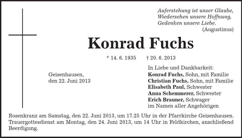 Traueranzeige Konrad Fuchs