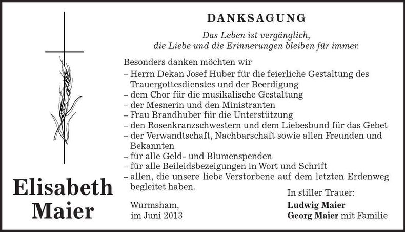 Traueranzeige Elisabeth Maier