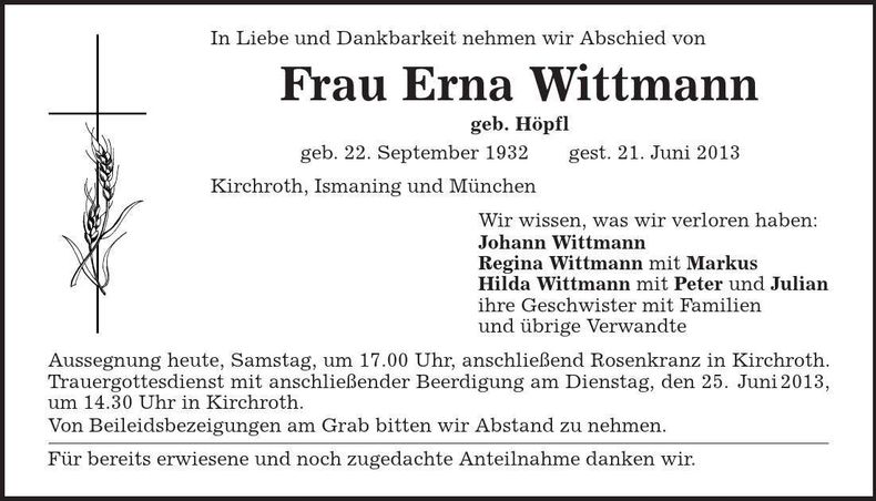 Traueranzeige Erna Wittmann