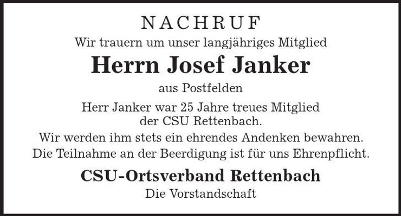 Traueranzeige Josef Janker