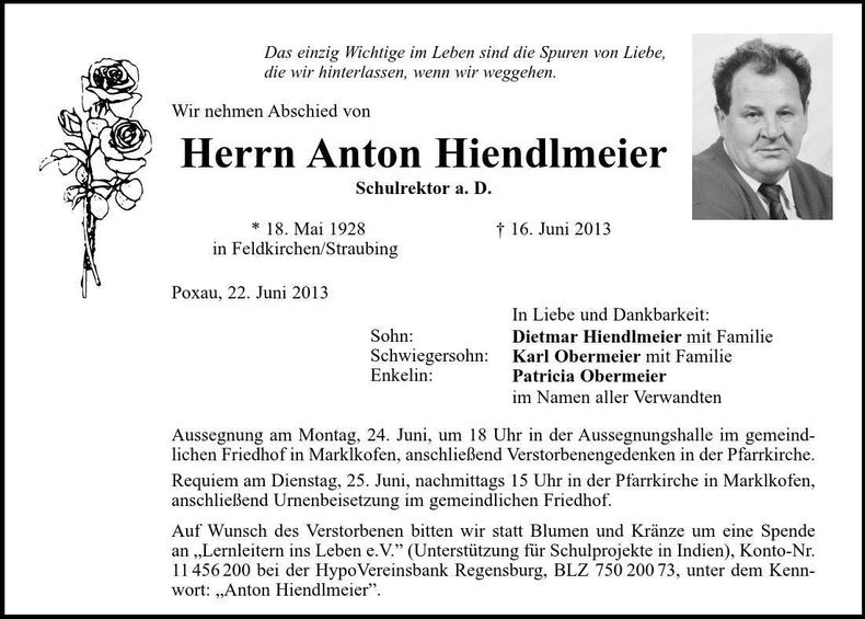 Traueranzeige Anton Hiendlmeier