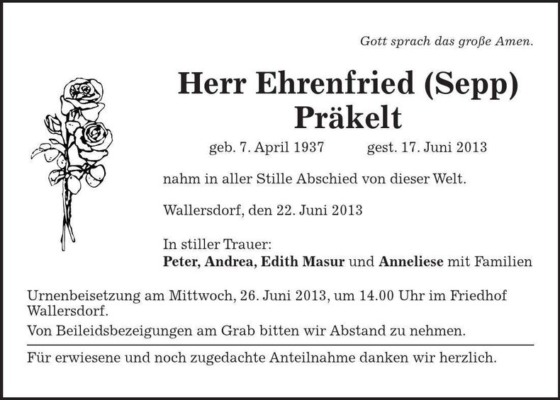 Traueranzeige Ehrenfried Präkelt