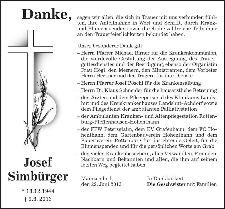 Traueranzeige Josef Simbürger