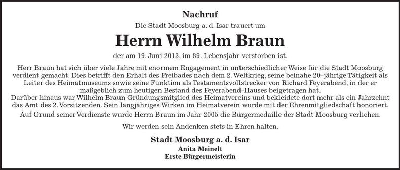 Traueranzeige Wilhelm Braun