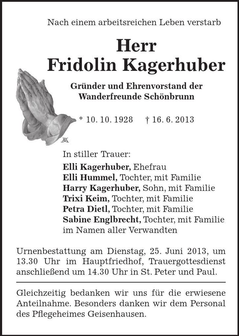 Traueranzeige Fridolin Kagerhuber