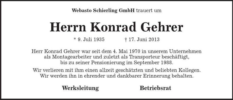 Traueranzeige Konrad Gehrer
