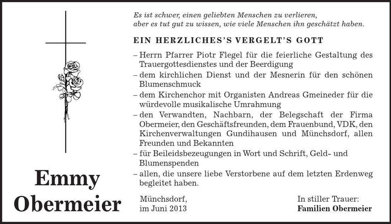 Traueranzeige Emmy Obermeier