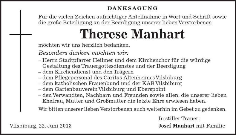 Traueranzeige Therese Manhart