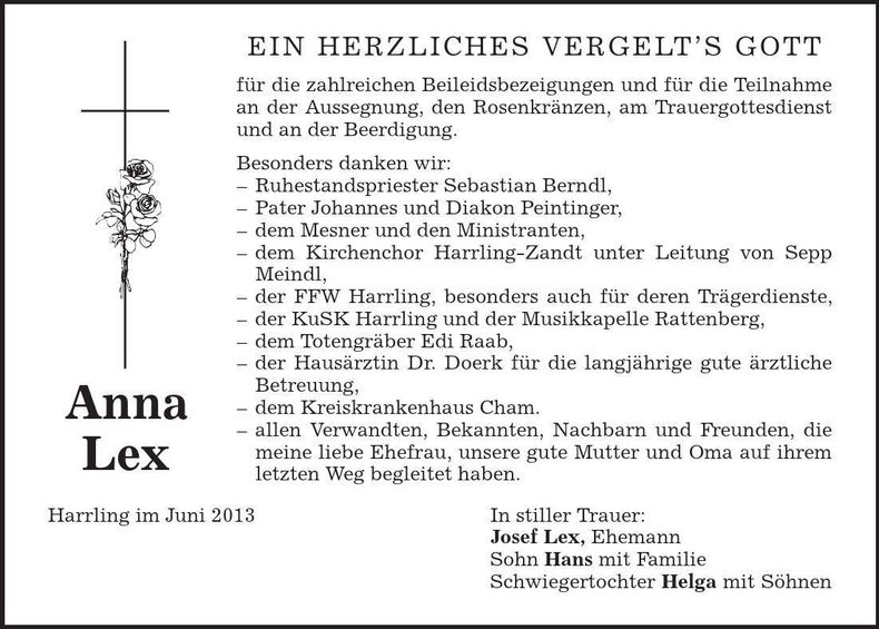 Traueranzeige Anna Lex