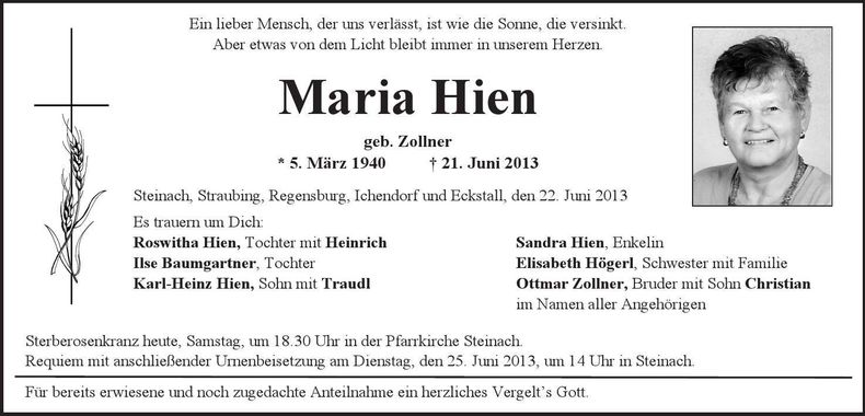 Traueranzeige Maria Hien