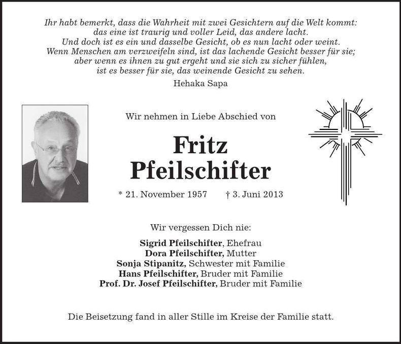 Traueranzeige Fritz Pfeilschifter