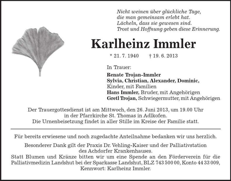 Traueranzeige Karlheinz Immler