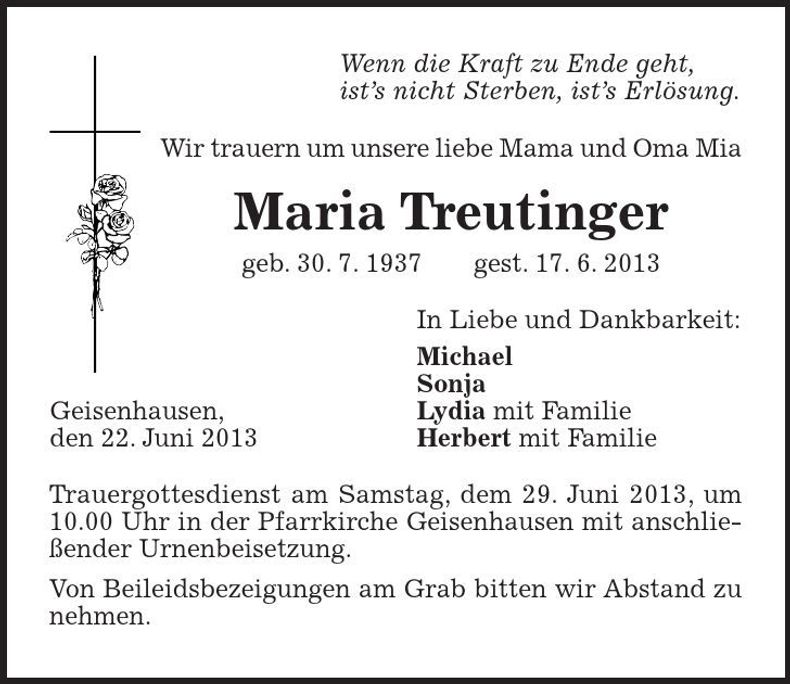 Traueranzeige Maria Treutinger