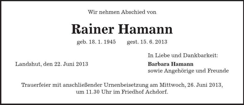 Traueranzeige Rainer Hamann