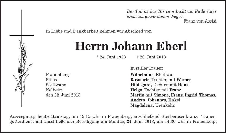 Traueranzeige Johann Eberl