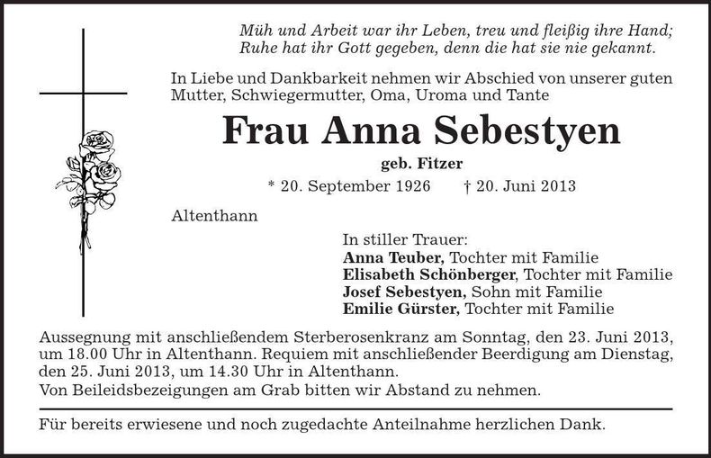 Traueranzeige Anna Sebestyen