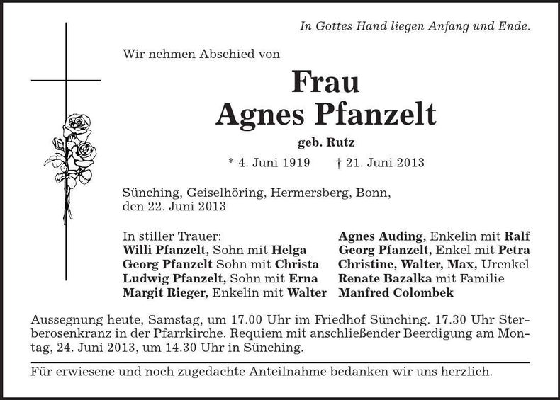 Traueranzeige Agnes Pfanzelt