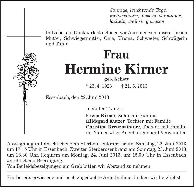 Traueranzeige Hermine Kirner