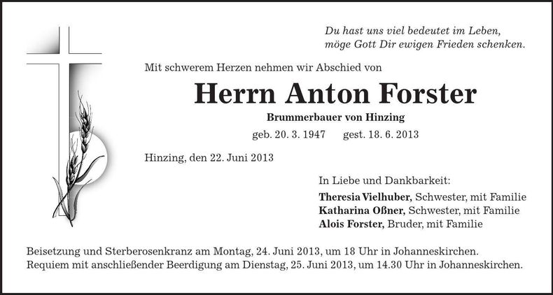 Traueranzeige Anton Forster