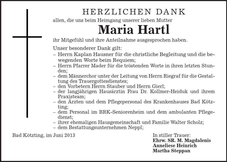 Traueranzeige Maria Hartl