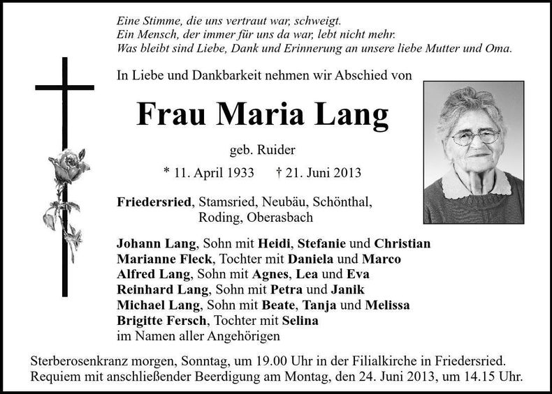 Traueranzeige Maria Lang