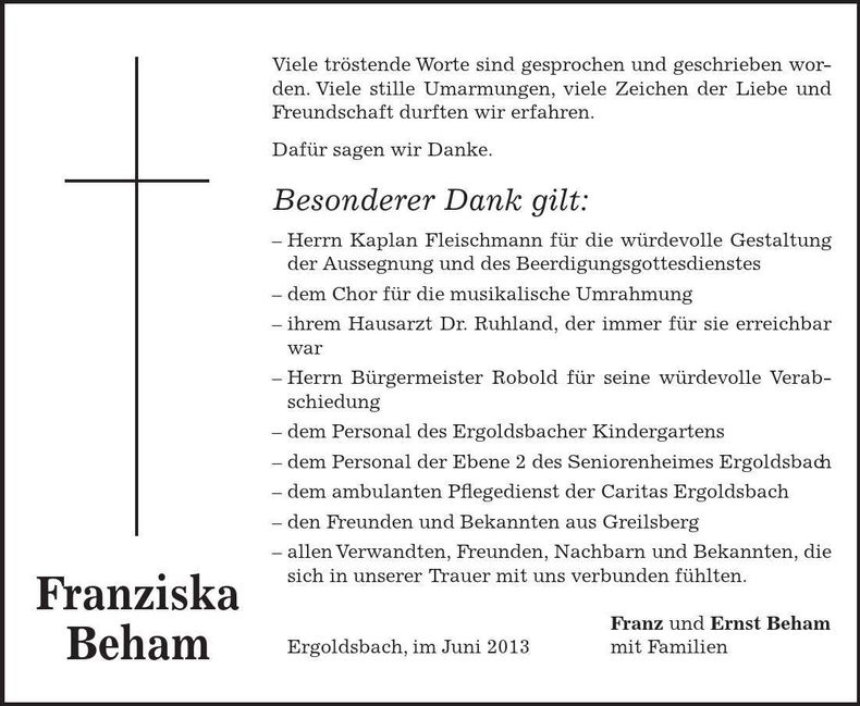 Traueranzeige Franziska Beham