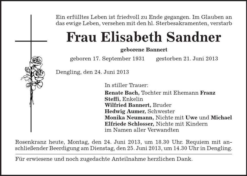 Traueranzeige Elisabeth Sandner