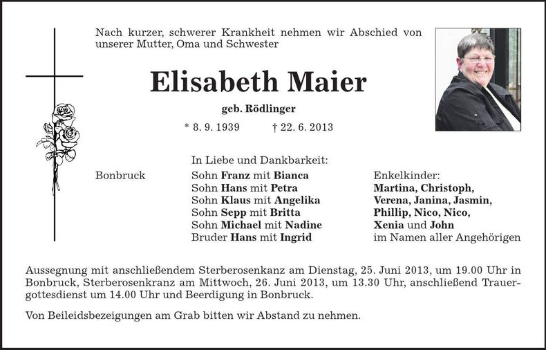 Traueranzeige Elisabeth Maier