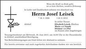 Traueranzeige Josef Leisek