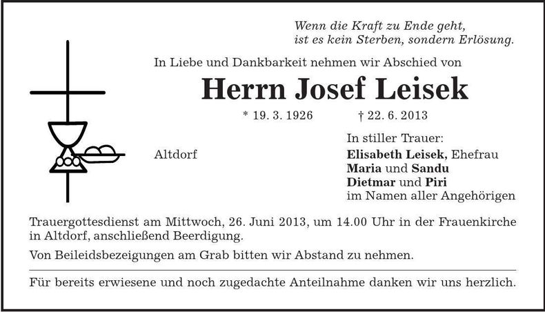 Traueranzeige Josef Leisek