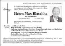 Traueranzeige Max Blaschke