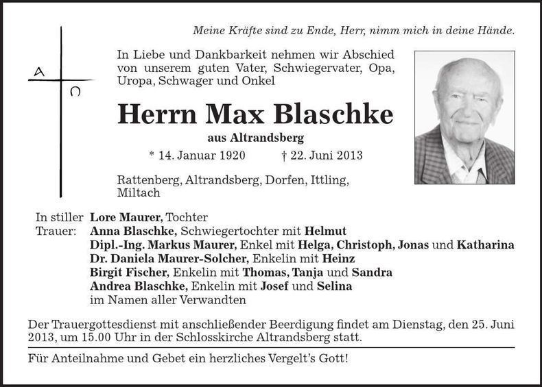 Traueranzeige Max Blaschke
