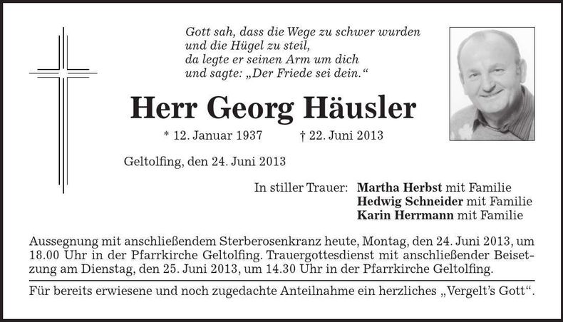 Traueranzeige Georg Häusler