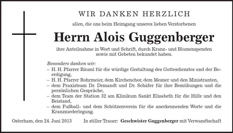 Traueranzeige Alois Guggenberger