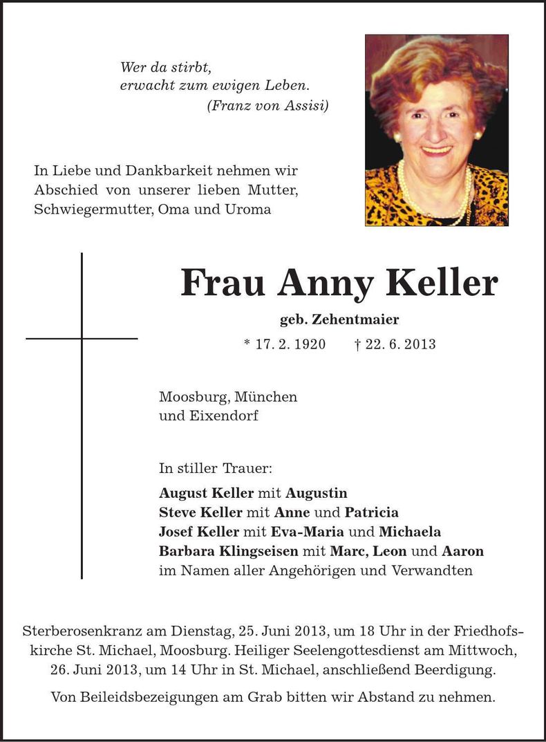Traueranzeige Anny Keller