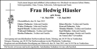 Traueranzeige Hedwig Häusler