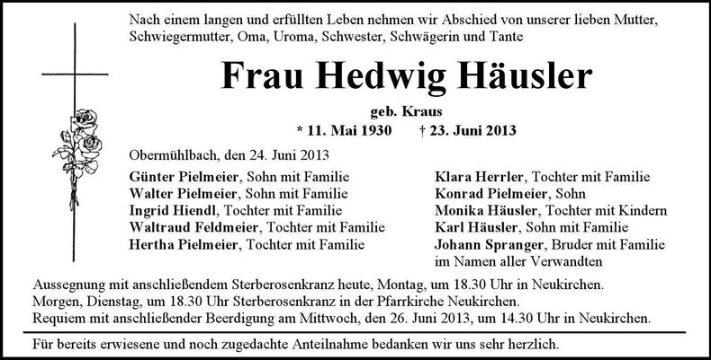Traueranzeige Hedwig Häusler