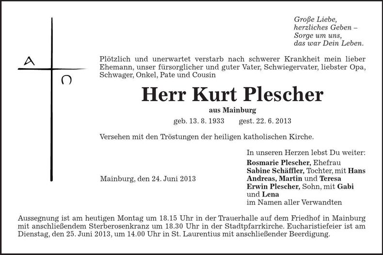Traueranzeige Kurt Plescher