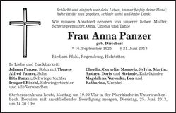 Traueranzeige Anna Panzer